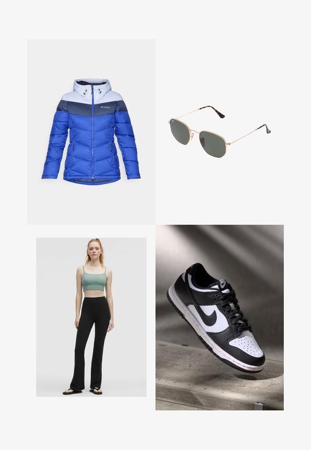Kvindernes blå Columbia vinterjakke med lysegrå og mørkeblå farveblokke, hætte, frontlynlås og lynlåslommer på siden.; Hvid langærmet top med bred rund halsudskæring, sideslids og et glat, let stof, der har et simpelt, minimalistisk design.; Grøn, ribbet crop top med tynde stropper, parret med højtaljede, sorte flared leggings og sorte flip-flops på en neutral baggrund.; Sorthvid Nike Dunk Low sneakers med læderoverdel, perforeret tåboks og sorte snørebånd, udstyret med en hvid sål og logo accenter.; Guldmetallisk brille med mørkegrønne linser, aviator-stil, med slanke arme og skildpadde-mønstrede detaljer på spidserne.; Sort tote bag med geometrisk mønster, lavet af tekstureret materiale. Har robuste håndtag og et mærke, samt en struktureret form.