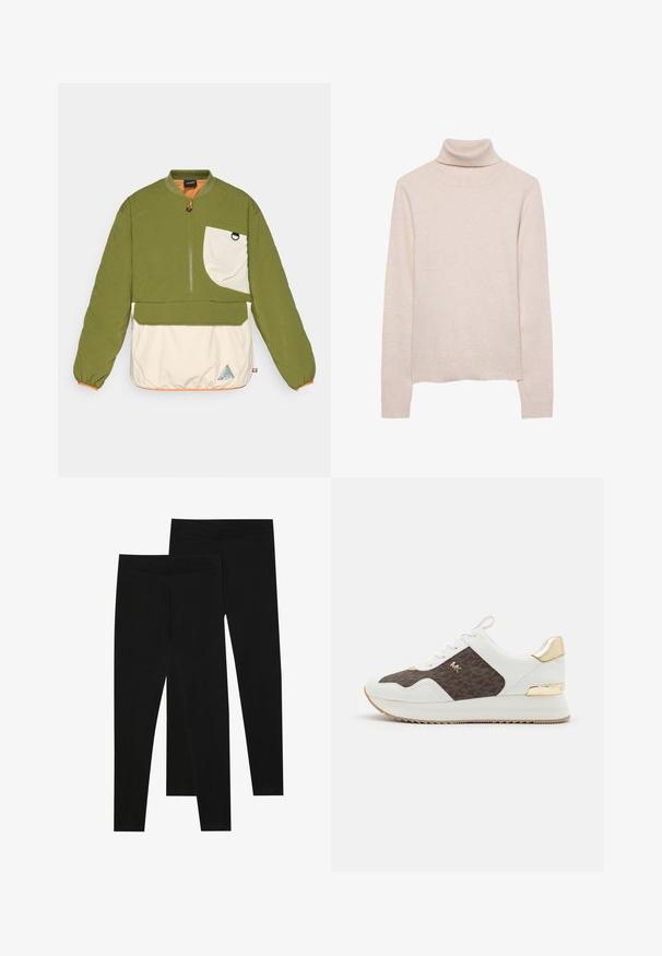 Zeleno-krémový pulóver s kratším zipsom, prešívanou textúrou, elastickými manžetami a trojuholníkovým logom na dolnom okraji.; Svetloružový rolák vyrobený z mäkkej pleteniny. Má dlhé rukávy a rebrovaný výstrih a lem. Klasický priliehavý strih.; Čierne legíny vyrobené z elastického materiálu, s bezšvovým pásom a elegantným strihom, vhodné na bežné nosenie alebo cvičenie.; Biele tenisky s hnedým vzorovaným textilným panelom, zlaté kovové detaily, okrúhla špička, šnurovací dizajn a textúrovaná gumová podrážka.
