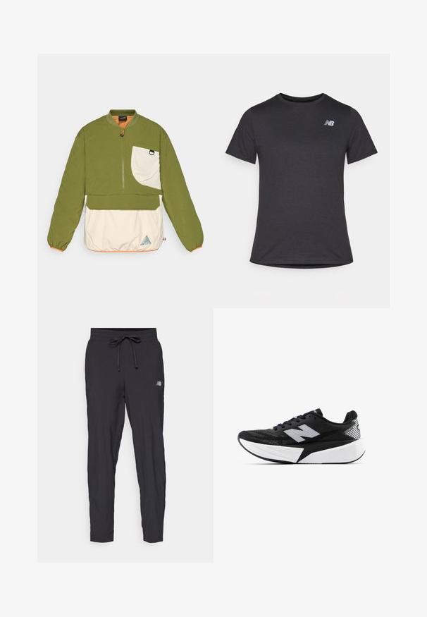 Zöld és krém pulóver dzseki, negyed hosszúságú cipzárral, steppelt textúrával, rugalmas mandzsettákkal és háromszög alakú logóval az alsó szegélyen.; Fekete, rövid ujjú póló puha anyagból, a bal felső mellrészen egy kis szürke New Balance logóval, klasszikus kerek nyakú fazonnal.; Fekete futónadrág, könnyű anyagból készült, elasztikus derékkal és állítható húzózsinórral. Az oldalon egy kis logó található.; Fekete-fehér New Balance futócipő vastag talppal, hálós felsőrésszel és "N" logóval az oldalon, külső nézetből.