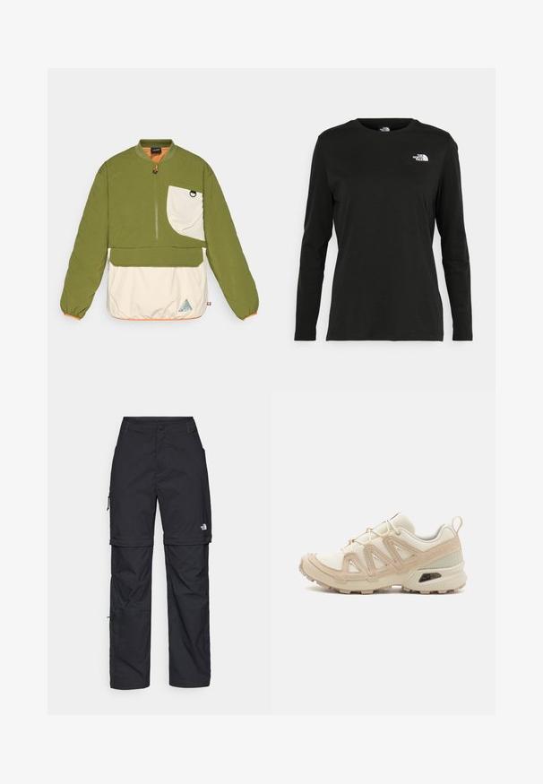 Green and cream pullover jacket with a quarter-length zipper, quilted texture, elastic cuffs, and a triangular logo on the lower hem.; Black long-sleeve t-shirt made of cotton with a round neck. Features a small white logo on the left chest area. Simple design and fit.; Black nylon zip-off cargo trousers with adjustable cuffs, multiple pockets, and a logo on the right leg. Smooth, lightweight texture.; Beige and cream athletic shoe with textured mesh upper, supportive overlays, and rubber outsole featuring a tread pattern for traction.