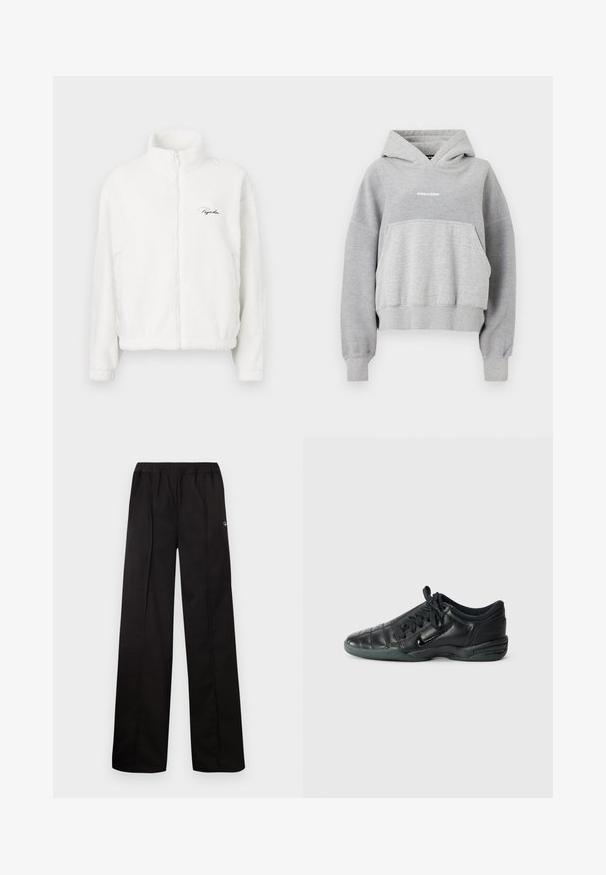 Valge kapuutsiga fliispusa, millel on siledat tekstuuri ja tikandiga logo vasakul rinnal. Kerge ja laia lõikega.; Halloo, millel on eesmine tasku, reguleeritav tõmbluku kapuuts ja ribitud ääred. Omab kontrastset tekstuuri ning valget "PEGADOR" teksti.; Mustad, laiad püksid elastse vöökohtaga. Valmistatud pehmest materjalist minimaalse detailitöötlusega, ühel küljel on väike logo.; Must musta spordijalats, millel on kohandatud õmblustega disain, ümar varvas, kinnitusköidik ja kummitald. Küljel on peen brändimine.