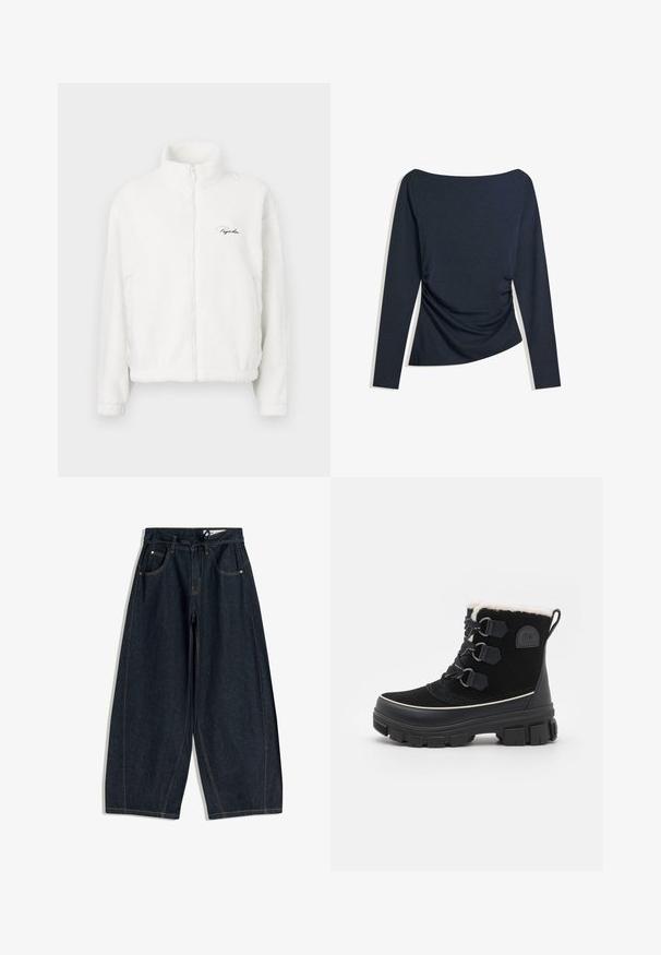 White zip-up fleece jacket with a high collar, featuring a smooth texture and embroidered logo on the left chest. Lightweight and boxy fit.; Navy blue long-sleeve top with boat neckline and ruched detail on the side, laid flat on a white background.; Dark denim wide-leg trousers with a drawstring waist, five pockets, and contrast stitching. Smooth texture and loose fit design.; Black waterproof boots with suede upper, faux fur lining, three eyelet lace system, thick rubber outsole, and contrasting white trim.