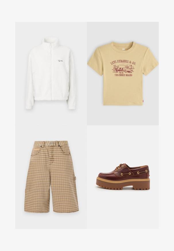 Baltos užtrauktuko fliso striukė su aukštu apykakle, turinti lygų paviršių ir siuvinėtą logotipą kairėje krūtinės pusėje. Lengva ir laisva forma.; Beige spalvota medvilninė marškinė su trumpomis rankovėmis, puošta tamsiai raudonu grafiniu piešiniu, vaizduojančiu kalnų kraštovaizdį, ir užrašu "Levi Strauss & Co. Dviejų arklių prekės ženklas."; BDG Urban Outfitters CHECK NICOLA JORT - Šortai - beige; Ruda odinė valtinė avalynė su masyviu ruduo guminiu padu, auksiniais akių tvirtinimais ir kontrastinga siuvimo linija. Ant šono yra logotipas.