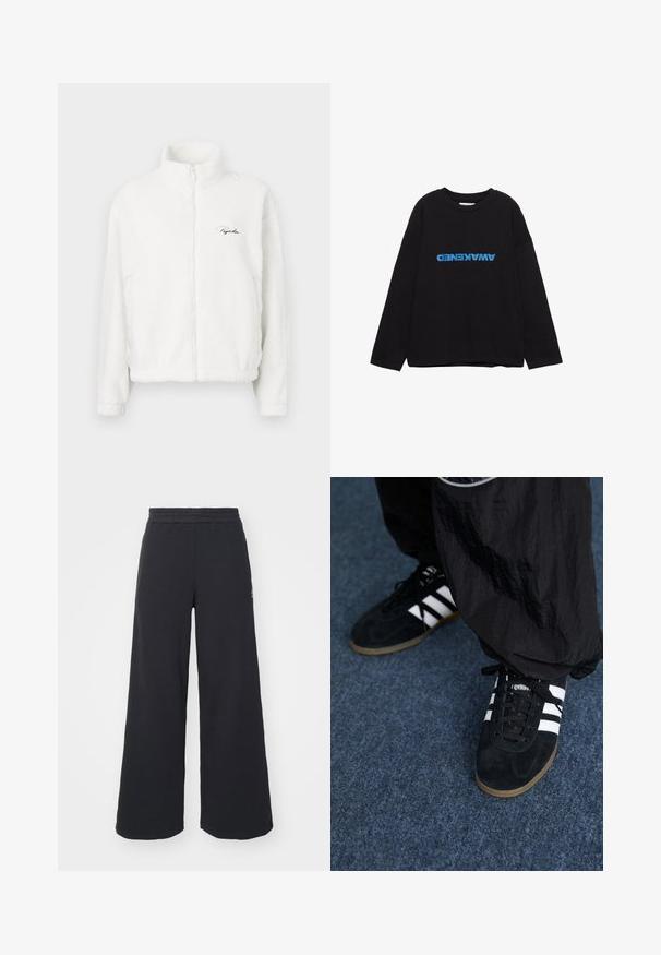 Bílá fleecová bunda na zip s vysokým límcem, s hladkou texturou a vyšitým logem na levé přední části. Lehká a volně střižená.; Černé bavlněné tričko s dlouhým rukávem s nápisem "AWAKENED" ve výrazných modrých písmech, tištěné vodorovně přes přední část.; Černé široké tepláky vyrobené z měkké tkaniny, s elastickým pasem a malým logem na levé straně.; Černé semišové sportovní boty se třemi bílými pruhy a černými tkaničkami. Částečně viditelné vedle bot jsou texturované černé kalhoty.
