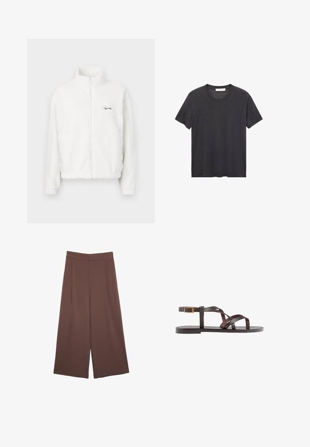 Bijela zip-up fleece jakna s visokim ovratom, s glatkom teksturom i izvezenim logotipom na lijevoj strani prsiju. Lagana i širokog kroja.; Crna majica s okruglim izrezom napravljena od mekanog pamuka. Kratki rukavi, opušteni kroj i ravni rub bez ukrasnih elemenata ili uzoraka.; Smeđe hlače širokog kroja s glatkom teksturom, koje imaju visok struk i nabore sprijeda. Tkanina je lagana i slobodno se kreće.; Smeđe kožne sandale s iskrižanim trakama, umetkom za zapešće s kopčanjem i ravnim potplatom s minimalnim detaljima šivanja.