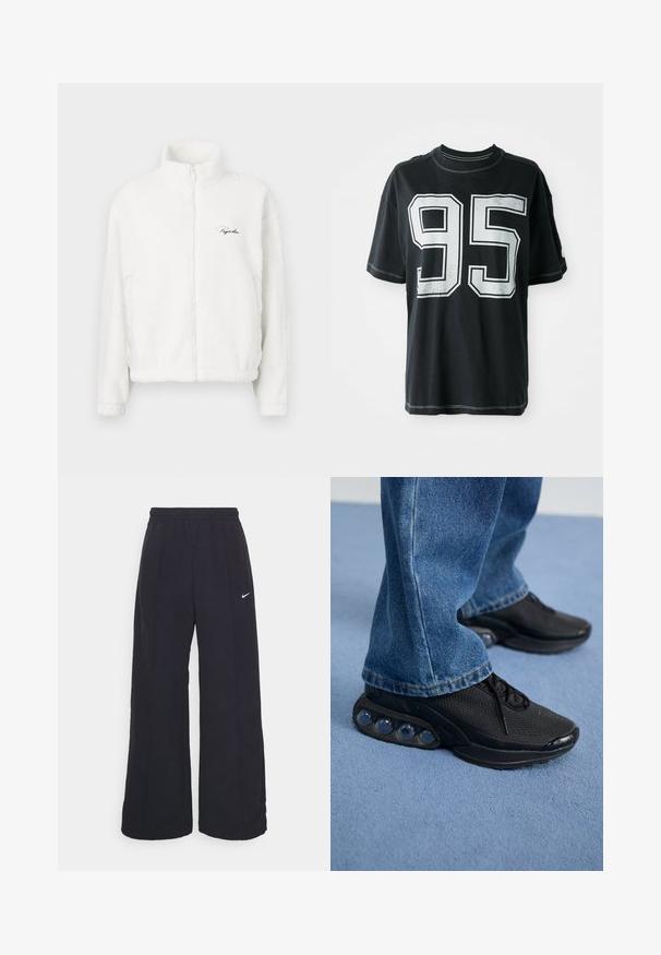 Baltos užtrauktuko fliso striukė su aukštu apykakle, turinti lygų paviršių ir siuvinėtą logotipą kairėje krūtinės pusėje. Lengva ir laisva forma.; Juodas medvilnės marškinėliai su trumpomis rankovėmis, ant priekinės dalies yra balta spausdinta numeris "95" ir kontrastingos siūlės palei kraštus.; Juodos plačios kojos kelnės su elastinga liemene ir mažuoju baltu Nike logotipu. Audinys turi lygią tekstūrą, sukurtas patogumui ir kasdieniam nešiojimui.; Juodi sportiniai bateliai su tinkliniu viršumi, tekstūruotais akcentais ir matomais oro pagalvėmis pado viduje. Dėvimi su mėlynais džinsais.