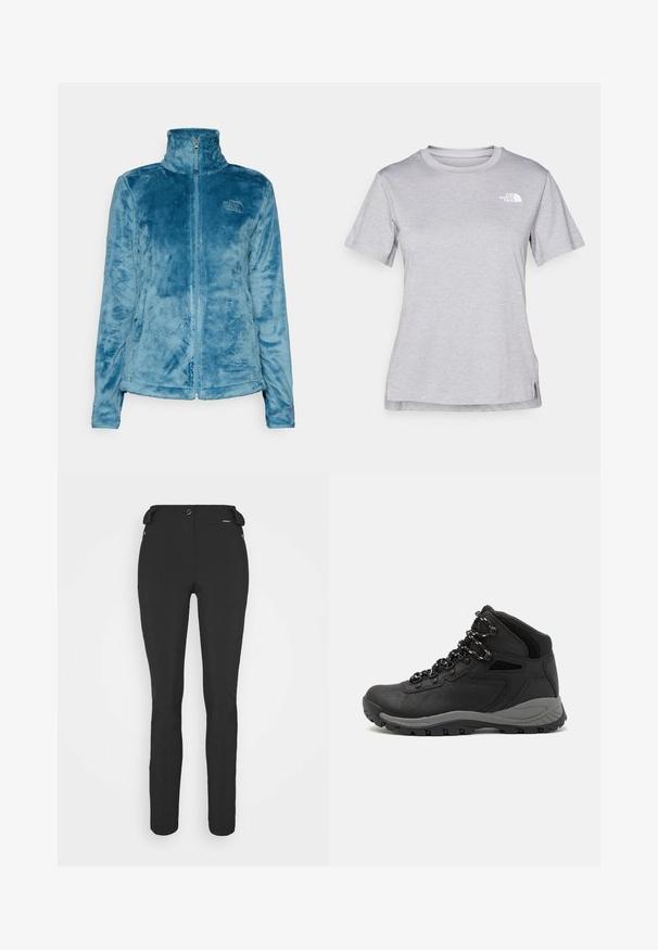 The North Face OSITO JACKET - Fleecetakki - algae blue; Harmaa lyhythihainen t-paita, joka on valmistettu pehmeästä, kosteutta siirtävästä kankaasta. Siinä on pyöreä kaula-aukko ja pieni valkoinen logo vasemmassa yläkulmassa.; Mustat, slim fit -housut, jotka on valmistettu joustavasta materiaalista. Ominaisuuksiin kuuluu vetoketjullinen sivutasku, muotoillut polvet ja sileä pinta.; Musta vaelluskenkä, jossa on puolivartinen muotoilu, jolle on ominaista teksturoitu päällinen, harmaat yksityiskohdat ja kestävä kumipohja, jossa on pitoita lisääviä lukuja.