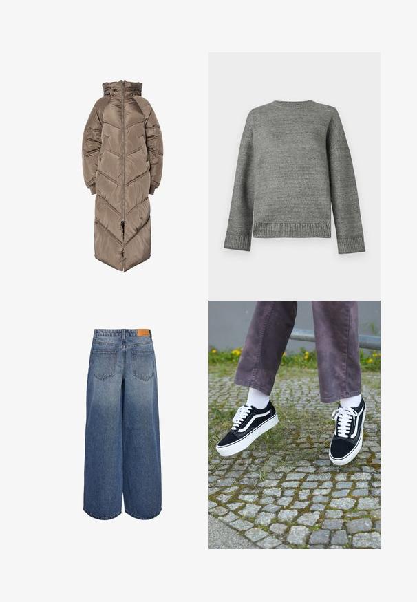 Casaco comprido acolchoado castanho com fecho de correr frontal, capuz e padrão matelassê diagonal. Apresenta mangas oversize e punhos elásticos.; Suéter cinza de malha com decote redondo, ombros caídos e punhos e bainha canelados. Textura suave com cor sólida e detalhes mínimos.; Calças culottes de denim de perna larga em lavagem azul média com uma textura desbotada, apresentando dois bolsos traseiros e uma etiqueta de marca em couro castanho na cintura.; Sapatilhas de camurça pretas com detalhes brancos, apresentando um bico arredondado, sola branca grossa e um design clássico de atacadores, usadas com meias brancas e calças roxas.