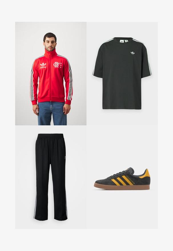 Red zip-up jacket with high collar, black and white striped sleeves, Adidas logo, and a team emblem featuring stars on the chest.; Black cotton t-shirt with short sleeves, crew neckline, and white three-stripe detailing on shoulders. Features a small white logo on chest.; Black athletic pants with an elastic waistband, featuring white side stripes and a small logo. Material appears soft and lightweight.; Black suede sneaker with yellow accents, featuring three stripes and a brown rubber sole. Includes a padded tongue for comfort.