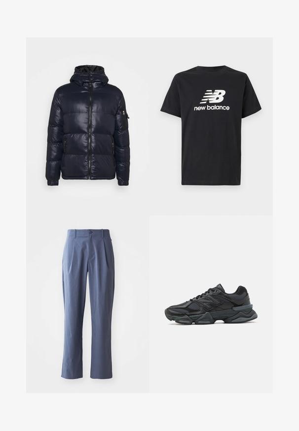 Brave Soul JARED - Casaco de inverno - navy; T-shirt de algodão preta com um logótipo branco da New Balance e design gráfico na frente. Mangas curtas e decote redondo.; Calças azul-marinho com pregas, de corte reto, feitas de tecido leve, com fecho frontal de botão único e passantes de cinto.; Sapato de corrida preto com uma combinação de malha e materiais sintéticos, sola robusta, design curvado e uma marca de destaque na lateral.