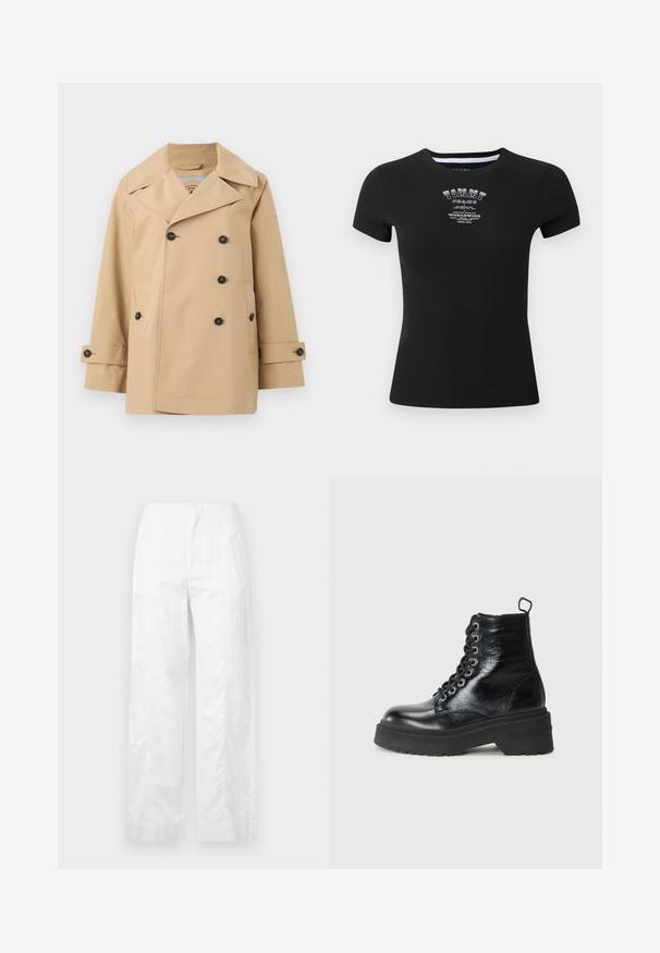 Manteau beige en trench avec un design à double boutonnage, grands revers, boutons noirs et poches latérales. Présente une texture lisse et légère.; T-shirt noir côtelé à manches courtes, arborant un logo et un texte "TOMMY JEANS" en blanc dans un style usé sur la poitrine.; Pantalons larges blancs en tissu léger, présentant une texture lisse, des lignes épurées et une taille haute.; Bottines noires à finition brillante, dotées d'une semelle épaisse et d'un design à lacets, affichant fièrement la marque "TOMMY."