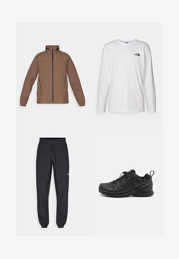 Brun zip-up jakke med høj krave, tekstureret panelering, to sidelommer og elastiske manchetter. Letvægtsstof med et diskret rutenetmønster.; Hvid langærmet T-shirt lavet af bomuld med rund hals. Har et lille sort logo på brystet. Glat tekstur, almindelig pasform.; Sorte atletiske bukser lavet af letvægtsstof, med en snor i taljen, sidelommer og tapered manchetter ved anklerne.; Sort atletik sko med en struktureret syntetisk overdel, polstret sål og et hurtiglukkesystem. Har forstærket tå og hæl.