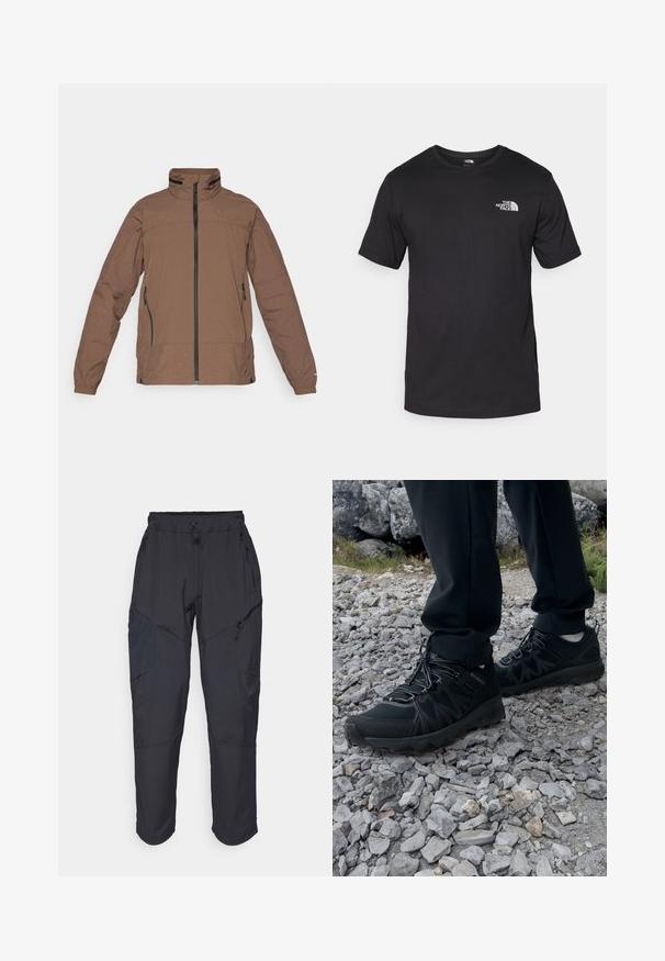 Brown zip-up jacket with a high collar, textured paneling, two side pockets, and elastic cuffs. Lightweight fabric with a subtle grid pattern.; Black short-sleeve t-shirt made of cotton, featuring a round neckline and a small white logo on the upper left chest area.; Black cargo pants made from a lightweight, water-resistant material; features elastic waistband, multiple zippered pockets, and tapered legs.; Black outdoor shoes with mesh and synthetic material, featuring a textured upper, secured lacing system, and a rugged outsole, on rocky terrain.