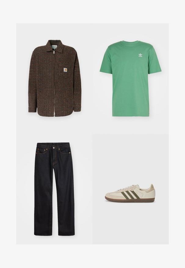 Giacca a quadri marrone con accenti blu e arancioni, chiusura con zip completa, maniche lunghe e tasca sul petto con toppa logo.; adidas Originals TREFOIL ESSENTIALS - T-shirt con stampa - preloved green; Jeans neri in denim dritto da uomo con cinque tasche e cuciture arancioni, chiusura con bottone e zip sulla vita anteriore.; adidas Originals SAMBA OG UNISEX - Sneakers basse - alumina/medium dark khaki/gum