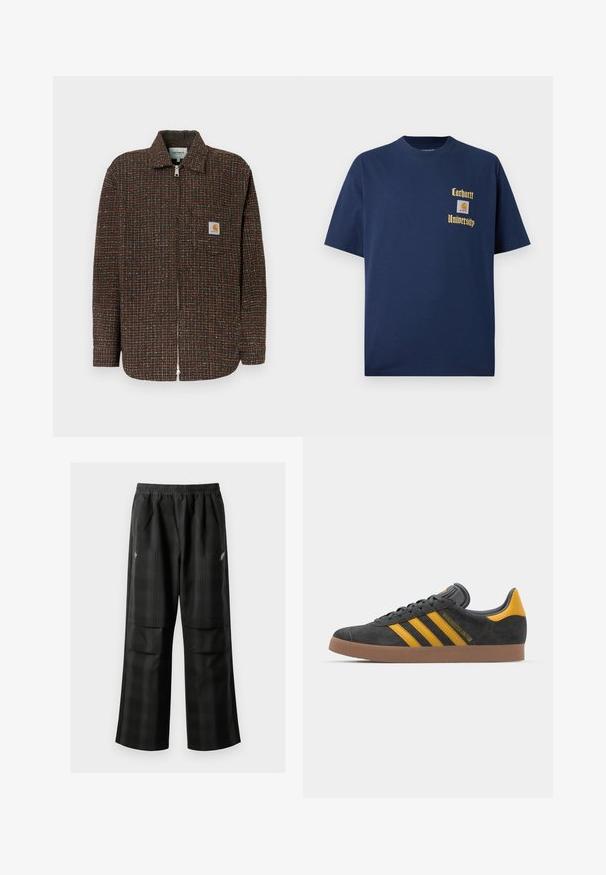 Brunternet jakke med blå og orange accenter, fuld lynlåslukning, lange ærmer og en brystlomme med et logo patch.; Marineblå bomulds T-shirt med korte ærmer, der har guld tekst "Carhartt University" og et logo patch på venstre bryst.; Sorte ternede bukser med elastisk talje, to forlommer og en løs pasform med lige ben. Fremstillet af letvægtsmateriale.; Sort suedet sneaker med gule accenter, der har tre striber og en brun gummisål. Inkluderer en polstret tunge for komfort.