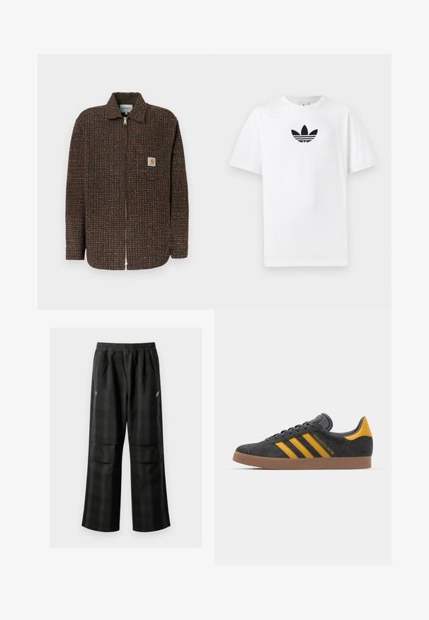 Brown checkered jacket with blue and orange accents, full zipper closure, long sleeves, and a chest pocket featuring a logo patch.; White cotton T-shirt featuring a black Adidas logo at the center. Short sleeves and a crew neck design. Smooth texture.; Black plaid pants featuring an elastic waistband, two front pockets, and a loose fit with a straight leg design. Made from lightweight material.; Black suede sneaker with yellow accents, featuring three stripes and a brown rubber sole. Includes a padded tongue for comfort.