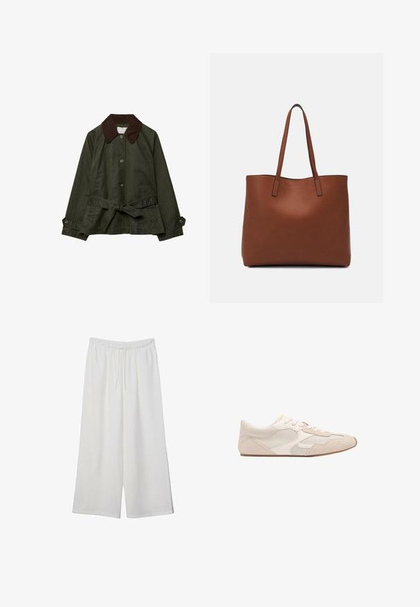 Oliven grøn jakke med brunt kordfløjlskrage, frontknapper og en bundet Talje-bælte. Har to sidelommer og en glat tekstur.; Brun hættetrøje lavet af blødt stof, med en stor hætte, frontlomme og ribbede manchetter og kant. Enkel, afslappet design uden mønstre.; Hvide vidde bukser lavet af letvægtsstof, med en elastisk talje og snøre for justerbar pasform. Glat tekstur.; Beige atletisk sko med en kombination af net- og ruskindsmaterialer, rund tå og snørebånd. Teksturerede detaljer på overdelen forbedrer grebet.; Brun læder tote taske med en glat overflade, åben topdesign og to skulderremme. Har minimal syning og ingen synlig hardware.