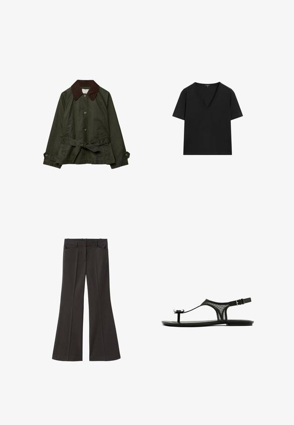 Oliven grøn jakke med brunt kordfløjlskrage, frontknapper og en bundet Talje-bælte. Har to sidelommer og en glat tekstur.; Sort kortærmet V-hals T-shirt med et simpelt, tætsiddende design på en hvid baggrund.; Sorte flagrende bukser med høj talje; har to forlommer og en glat stofstruktur. Egnet til forskellige anledninger.; Sorte flade sandaler med en mesh-rem, tynd toe-loop og justerbar ankelspænde. Har et strømlinet, minimalistisk design med glinsende detaljer.
