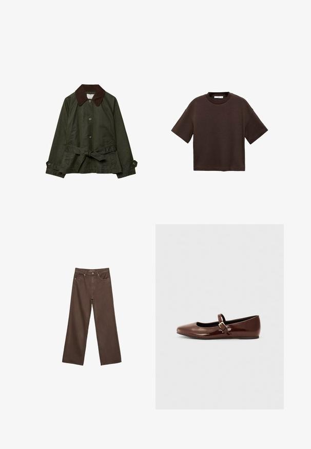 Oliven grøn jakke med brunt kordfløjlskrage, frontknapper og en bundet Talje-bælte. Har to sidelommer og en glat tekstur.; Brun kortærmet t-shirt lavet af blød bomuld. Har en rund halsudskæring og en boxy pasform, med en glat tekstur og ingen synlige mønstre.; Bredde ben brun denim jeans med høj talje, forlommer og klassisk knaplukning. Glat tekstur med diskret syninger.; Brun patentlæder balletflade med firkantet tå og strop med en lille guldbuckle. Glat tekstur, lav hæl og minimalistisk design.