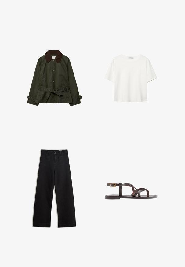 Oliven grøn jakke med brunt kordfløjlskrage, frontknapper og en bundet Talje-bælte. Har to sidelommer og en glat tekstur.; Hvid kortærmet t-shirt lavet af bomuld. Har en rund halsudskæring og en afslappet pasform. Glat tekstur uden synlige mønstre eller detaljer.; Sorte wide-leg denim bukser med høj talje, der har front- og baglommer, syede sømme og en knaplukning. Glat tekstur.; Brune lædersandal med krydsende stropper, ankelspænde og en flad sål med minimale syninger.