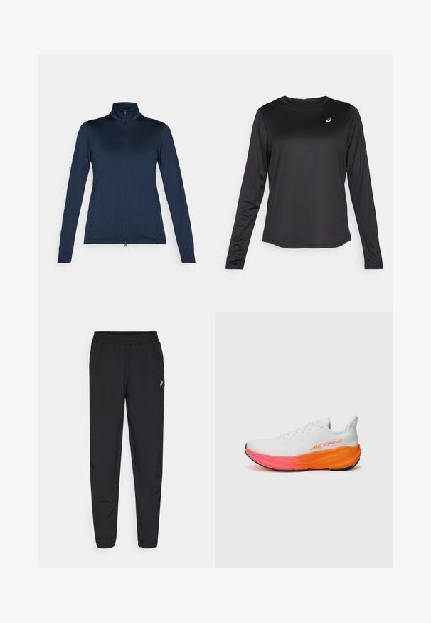 Jaqueta azul-marinho de mangas longas com fecho éclair, com um colarinho alto, apresentando uma textura suave e detalhes laterais em um padrão tecido.; Camisa desportiva de mangas longas, preta, feita de um tecido leve. Apresenta um decote redondo e um pequeno logotipo no peito. Textura suave.; Calças desportivas pretas com um cós elástico, pernas ajustadas com punhos, feitas de um material leve e suave, e um pequeno logotipo na coxa.; Shoe atlético branco com um cabedal texturizado, apresentando uma sola em degradê colorido nas cores laranja e rosa, e um logótipo em destaque na lateral.