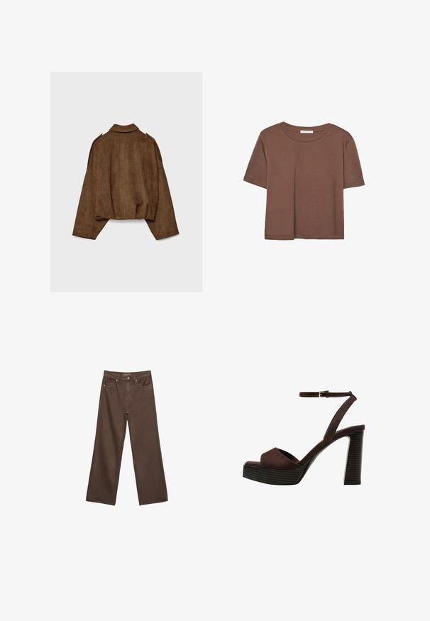 Brązowa kurtka z imitacji zamszu z kołnierzem, luźnym krojem i opuszczonymi ramionami. Tył ozdobiony jest pionowymi przeszyciami i ma krótki krój.; Brązowa koszulka z krótkim rękawem, wykonana z miękkiego materiału, z okrągłym dekoltem i luźnym krojem. Brak widocznych wzorów lub akcentów.; Szerokie brązowe dżinsy wykonane z denimu, z wysokim stanem, przednimi kieszeniami i klasycznym zapięciem na guzik. Gładka faktura z subtelnym przeszyciem.; Brązowe zamszowe sandały na wysokim obcasie z odkrytymi palcami, regulowanym paskiem na kostce i paskowatą podeszwą.