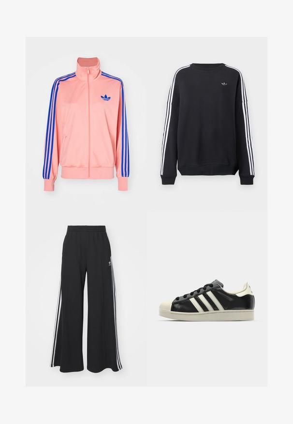 Lyserosa zip-up jakke med høy krage og blå striper langs ermene. Har en blå logo på brystet. Myk tekstur.; Svart genser med lange ermer, hvite striper langs hver arm og en liten grå logo på brystet. Laget av bomull, avslappet passform.; Svart vide joggebukser med elastisk midjebånd, med hvite sidestriper og brodert logo på venstre lår.; Svarte skinnsneakers med hvite striper, gummitopp, svarte lisser og en kremfarget såle. Glatt tekstur med blank finish.