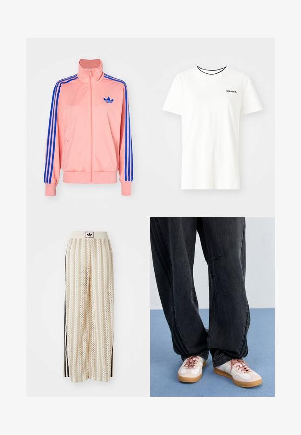 Lichtroze ritsjack met hoge kraag en blauwe strepen langs de mouwen. Bevat een blauw logo op de borst. Zachte stoftextuur.; Witte katoenen t-shirt met korte mouwen en een ronde halslijn. Heeft een zwart Adidas-logo op de borst en een contrasterende zwarte binnenkraag.; Crème kleurige wijde broek met een zigzagpatroon, met een zwarte logo tailleband en zij zwarte strepen. Lichtgewicht, gestructureerde stof.; Zwarte baggy denimbroek met stiksels aan de voorkant, gecombineerd met witte en blush sneakers met een gumkleurige zool en roze veters.