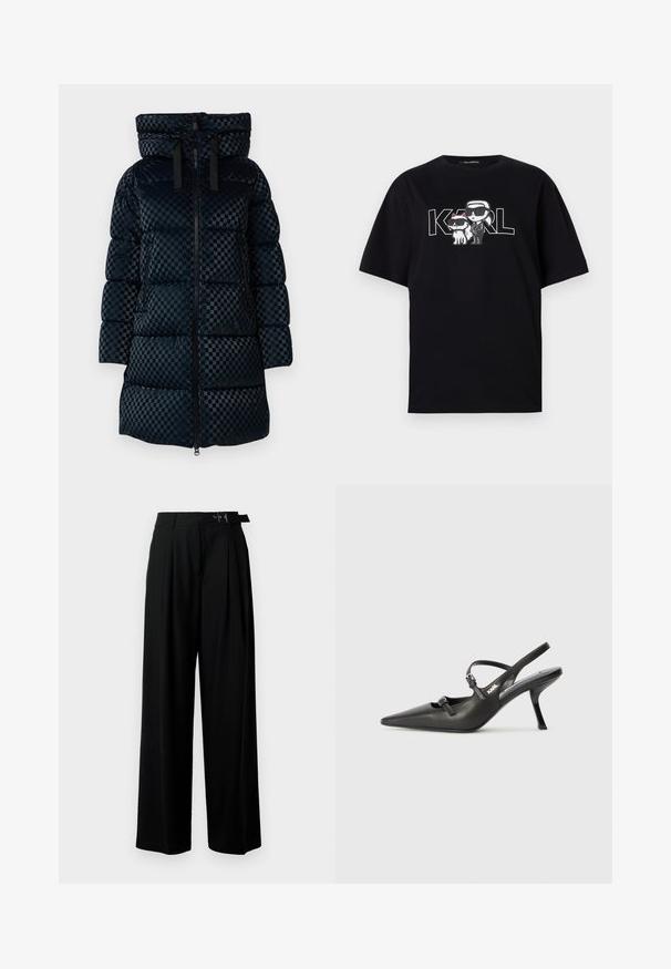 Schwarze kariierte Steppjacke mit Kapuze, Frontreißverschluss und Kordelzug-Details. Verfügt über gesteppte Abschnitte und eine mittellange Passform.; Schwarzes Baumwoll-T-Shirt mit einem grafischen Druck von zwei Cartoon-Figuren mit Sonnenbrillen, begleitet von dem Text "KARL" in fetten Buchstaben.; Schwarze weit geschnittene Hosen mit hoher Taille, Falten an der Vorderseite und einem Gürtel mit Schnalle. Hergestellt aus glattem, leichtem Stoff.; Schwarzlederne Slingback-Absätze mit spitzer Zehenform, schlankem Absatz und dekorativem Schnallendetail auf dem Blatt. Glatte Textur und elegantes Design.