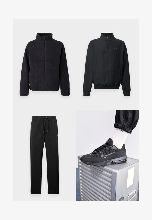 Chaqueta de forro polar negra con cremallera, de mangas largas y cuello alto, hecha de una tela suave y texturizada, presentada sobre un fondo blanco liso.; Sudadera negra con cuello alto de cremallera, mangas largas, bolsillos laterales y cintura elástica. Presenta un pequeño logo de Nike en blanco en el pecho.; Pantalones deportivos negros de felpa, con una cinturilla elástica con cordones, dos bolsillos delanteros y un pequeño logo en el muslo.; Nike Sportswear PULSE - Zapatillas - black/anthracite