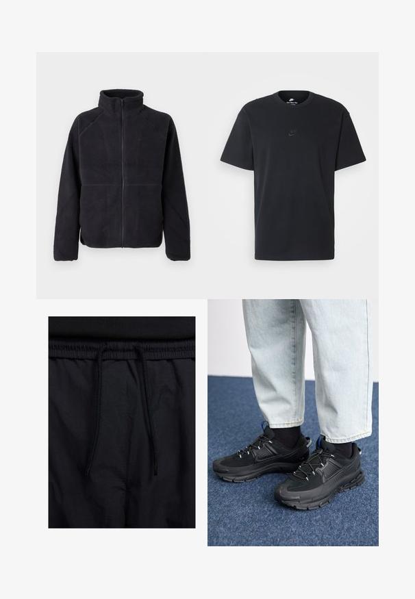 Schwarze Fleecejacke mit Reißverschluss, langen Ärmeln und hohem Kragen, aus weichem, strukturiertem Stoff, vor einem schlichten weißen Hintergrund präsentiert.; Schwarzes Baumwoll-T-Shirt von Nike mit klassischem Rundhalsausschnitt, kurzen Ärmeln und einem dezenten, geprägten Logo auf der Brust. Glatte Textur.; Schwarze Shorts mit einem Kordelzugbund, leichtem Stoff mit glatter Textur und einem schlichten Design ohne sichtbare Logos oder Muster.; Schwarze Sportschuhe aus strukturiertem Stoff mit Gummisohlen, ausgestattet mit elastischen Schnürsenkeln und einem blauen Akzent an der Ferse. Getragen mit hellen Jeans.