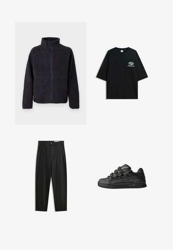 Schwarze Fleecejacke mit Reißverschluss, langen Ärmeln und hohem Kragen, aus weichem, strukturiertem Stoff, vor einem schlichten weißen Hintergrund präsentiert.; Schwarzes oversized Baumwoll-T-Shirt mit Rundhalsausschnitt und kurzen Ärmeln, auf der Vorderseite mit einem weißen "Shibuya"-Logo bedruckt.; Schwarze Baumwollhose mit lockerem Schnitt, ausgestattet mit einem klassischen Bund, vorderen Falten und Seiten taschen. Glatte Textur ohne Muster.; Schwarze Sneakers mit einem glatten Leder-Obermaterial, strukturierten Akzenten und runden schwarz-weißen Schnürsenkeln. Dicke Gummisohle mit einem gemusterten Profil.