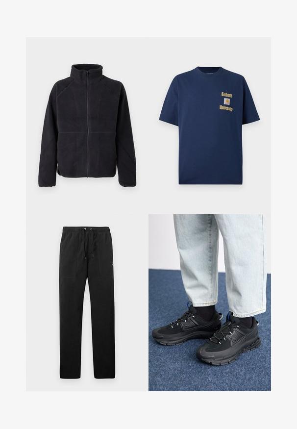 Jachetă fleece neagră cu fermoar, mâneci lungi și guler înalt, realizată dintr-un material moale și texturat, afișată pe un fundal alb simplu.; Tricou din bumbac bleumarin cu mâneci scurte, având inscripția aurie "Carhartt University" și o etichetă cu logo pe partea stângă a pieptului.; Pantaloni de trening negri din fleece, cu talie elastică și șnururi, două buzunare frontale și un logo mic pe coapsă.; Pantofi sport negri, cu țesătură texturată și tălpi din cauciuc, având șireturi elastice și un accent albastru pe toc. Purtați cu pantaloni din denim deschis.