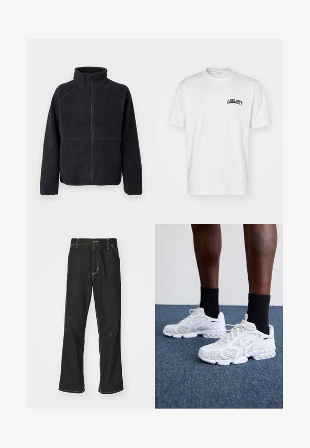 Črn zadrgo zaprt flis jopič z dolgimi rokavi in visokim ovratnikom, izdelan iz mehkega, teksturiranega materiala, prikazan na enobarvni beli podlagi.; Bela bombažna majica s kratkimi rokavi in okroglo ovratnikom. Ima črn logotip "Carhartt" natisnjen na zgornjem levem delu prsnega koša.; Črne jeans hlače ohlapenega kroja, ki imajo kontrastno belo šivanje, zapiranje na gumb in ravno nogavico.; Bela športna obutev z mrežasto zgornjim delom, teksturiranimi detajli in oblazinjenim podplatom. V kombinaciji s črnimi rebrastimi gležnjarji na modri preprogi.