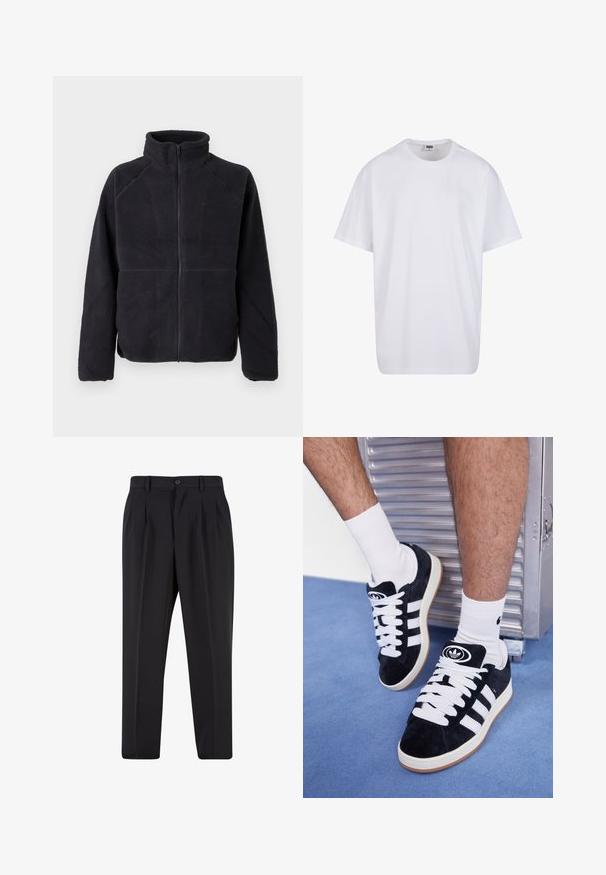 Zwarte fleecejack met rits en lange mouwen en hoge kraag, gemaakt van zachte, gestructureerde stof, weergegeven op een effen witte achtergrond.; Witte katoenen t-shirt met korte mouwen, ronde hals, relaxte pasvorm en zonder zichtbare logo's of patronen. Gladde textuur en minimalistisch ontwerp.; Zwarte broek met een geplooid design aan de voorkant, gemaakt van soepel stof. Voorzien van een knoopsluiting en riemlussen; rechte pasvorm.; Zwarte suède sneakers met witte veters en drie witte strepen. Heeft een cirkelvormig zwart logo op de tong en een gumrubberen zool.