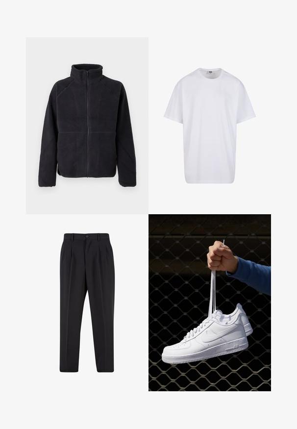 Black zip-up fleece jacket with long sleeves and high collar, made of soft, textured fabric, displayed on a plain white background.; White cotton t-shirt with short sleeves, rounded neckline, relaxed fit, and no visible logos or patterns. Smooth texture and minimal design.; Black trousers with a pleated front design, made from smooth fabric. Features a button closure and belt loops; straight-leg fit.; White leather sneakers with perforations, round toe, flat sole, and thick laces, featuring a visible swoosh logo and "AIR" on the heel.