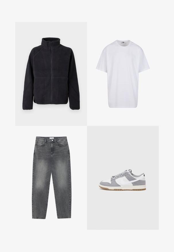 Czarna polarowa kurtka zapinana na zamek z długimi rękawami i wysokim kołnierzem, wykonana z miękkiego, teksturowanego materiału, wyeksponowana na jednolitym białym tle.; Biała bawełniana koszulka z krótkimi rękawami, okrągłym dekoltem, luźnym krojem i bez widocznych logo lub wzorów. Gładka tekstura i minimalistyczny design.; Jeansy z wysokim stanem, luźne, w wyblakłym czarnym deninie. Posiadają pięć kieszeni, szlufki na pasek oraz prosty, klasyczny krój nogawek.; Szare i białe trampki z zamszową i skórzaną cholewą, okrągłym noskiem, płaskimi sznurówkami i gumową podeszwą z akcentem w kolorze gumy.