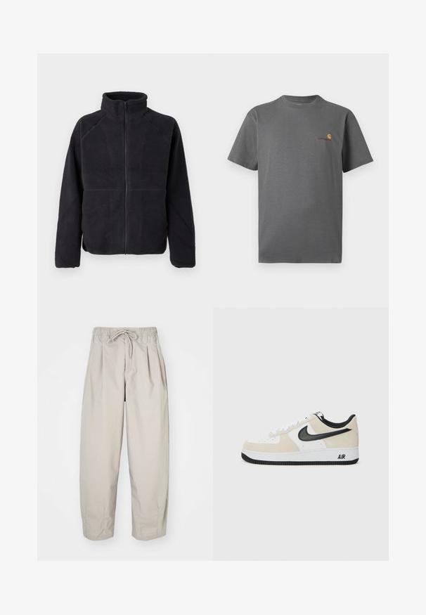 Must mustaga viskoosfg musta värvi jakki, millel on pikad varrukad ja kõrge krae, valmistatud pehmest, tekstuuritud kangast, esitleb sisevalget taustal.; Hallita halli lühikeste varrukatega t-särk, mis on valmistatud puuvillast; esitades diskreetse logo oranžis ja burgundia värvitoonis rinnal. Lihtne ümmargune kaelus.; Beeži, kerged püksid elastse vöökoha ja nööriga. Omavad voldikuid ja laia istuvust, valmistatud pehmest, siledast kangast.; Kergedega helebeež Suede ja valge naha pealispind, must Nike swoosh, mustad aksendid ja valgest kummist põhi, mis peal "AIR" bränding.