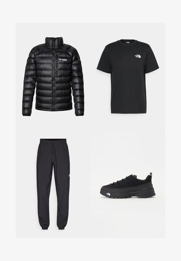 Schwarze Puffjacke mit hohem Kragen, Reißverschluss vorne und Logo auf der Brust. Mit gesteppte, glänzende Einsätze und elastischen Manschetten.; Schwarzes Baumwoll-T-Shirt mit kurzen Ärmeln, Rundhalsausschnitt und einem kleinen weißen Logo auf der linken Brust. Schlichtes Design, glatte Textur und lockere Passform.; Schwarze Sporthosen aus leichtem Stoff, mit einem Kordelzugbund, seitlichen Taschen und schmal zulaufenden Bündchen an den Knöcheln.; Schwarzer Outdoorsneaker mit einem Obermaterial aus Wildleder, strukturierter Gummisohle und robustem Schnürsystem. Verfügt über eine verstärkte Ferse und das Markenlogo an der Seite.