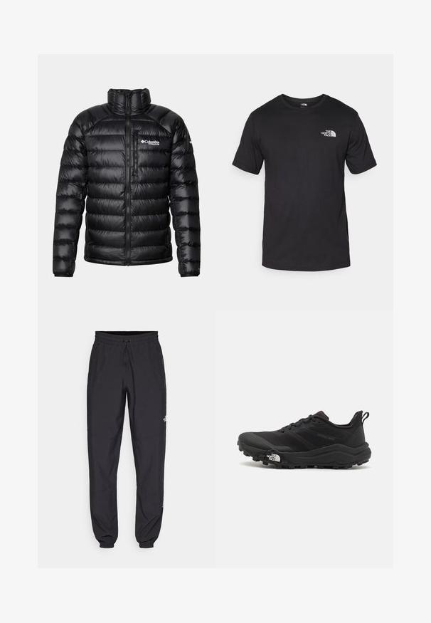 Black puffer jacket with a high collar, zippered front, and logo on the chest. Features quilted, glossy panels and elastic cuffs.; Black short-sleeve t-shirt made of cotton, featuring a round neckline and a small white logo on the upper left chest area.; Black athletic pants made from lightweight fabric, featuring a drawstring waistband, side pockets, and tapered cuffs at the ankles.; Black trail running shoe with a textured upper, rubber sole, and reinforced toe cap. Features a padded collar and pull tab for easy wear.