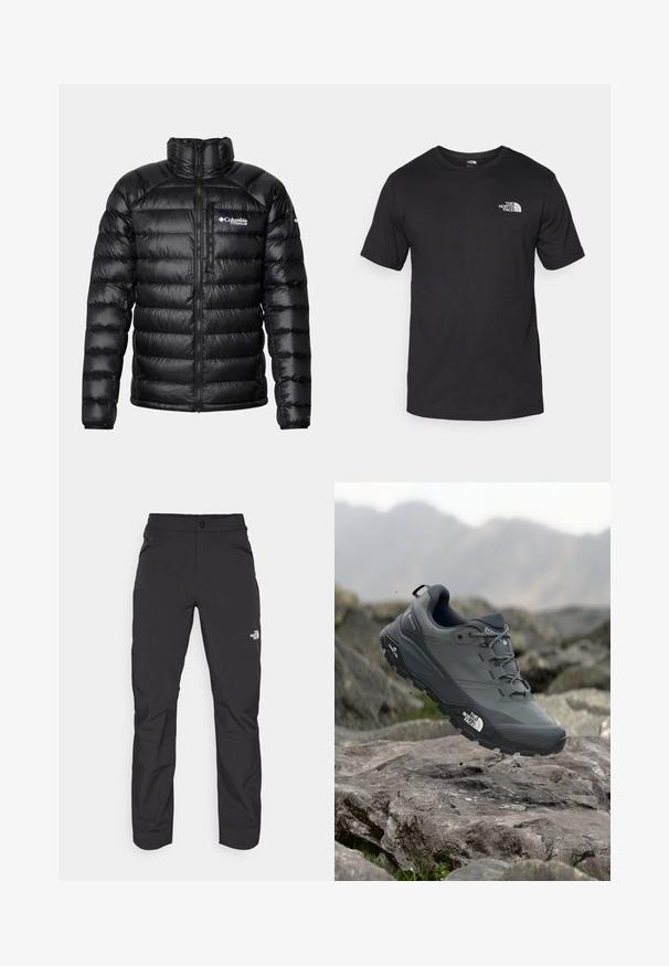 Melnā pūkā jacket ar augstu apkakli, ar rāvējslēdzēju priekšā un logotipu uz krūšu. Tam ir izšūti, spīdīgi paneļi un elastīgas aproces.; Melna īsām piedurknēm T-krekls, kas izgatavots no kokvilnas, ar apaļu dekoltē un nelielu baltu logotipu augšējā kreisajā krūtīs.; Melnas āra bikses ar rāvējslēdzēju priekšējā kabatā, sintētisks materiāls, sašaurinātas kājas un pastiprinātas ceļa paneļi. Iespējams, ar pogas aizdari.; Pelēki skrējēju apavi ar teksturētu virsu, izturīgu gumijas zoli un pastiprinātu pirkstu daļu. Iekļauj šņores un zīmola logo sānos.