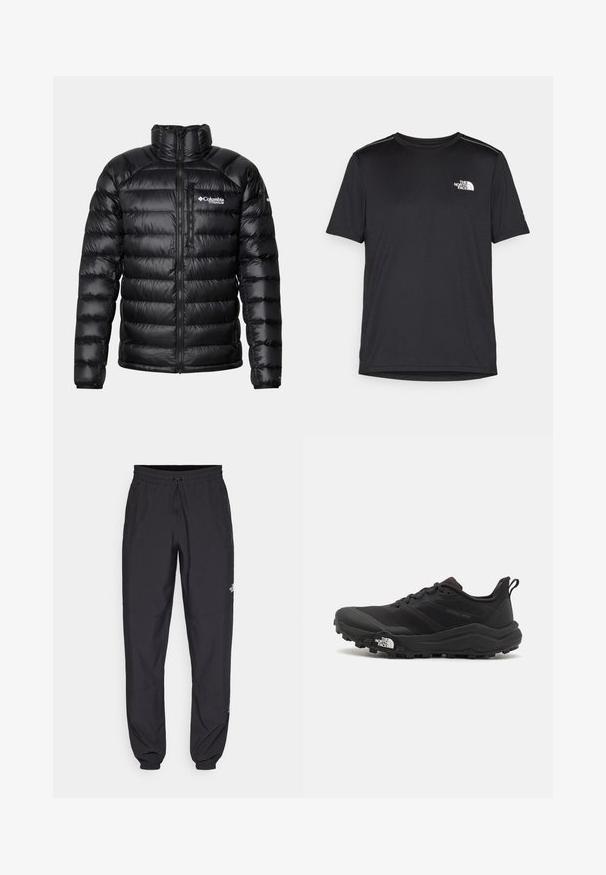 Fekete pufferen jacket magas gallérral, cipzáras elülső résszel és logóval a mellrészen. Steppelt, fényes panelek és elasztikus mandzsetták jellemzik.; Fekete, rövid ujjú póló, könnyű anyagból készült. Bal mellen egy kis fehér logó található, és finom vállrész kiemelések.; Fekete sportnadrág, könnyű anyagból készült, húzózsinóros derékkal, oldalsó zsebekkel és szűkített szárakkal a bokáknál.; Fekete terepfutó cipő, textúrált felső résszel, gumitalppal és megerősített lábujjrészével. Párnázott bokarésszel és húzófüllel rendelkezik a könnyű felhúzáshoz.