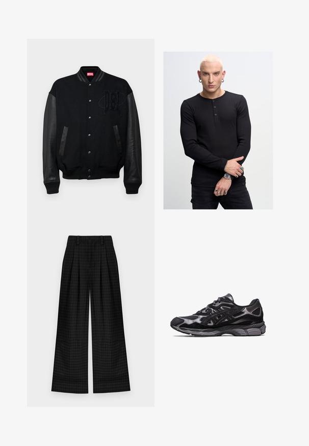 Svart varsityjacka med ullkropp, läderärmar, frontknappar och "DSL" brodyr på bröstet. Ribbad ärm- och nederkant.; Svart långärmad henley-tröja med tre knappar, ribbad текстur, kombinerad med svarta byxor. Anmärkningsvärd handjewelry inkluderar ringar och en klocka.; Svart rutmönstrad vida byxor med veck, som har en slät yta och klassisk design. Lättviktsmaterial för komfort.; Svart sportskor med ovandel i mesh och mocka, som har en strukturerad design och en robust, dämpad grå sula.