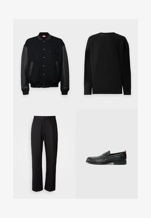 Crna fakultetska jakna s vunenim tijelom, kožnim rukavima, prednjim gumbima na zakopčavanje i vezom "DSL" na grudima. Ribušasti manžeti i donji rub.; Crni pulover dugih rukava od rebrastog materijala. Ima okrugli izrez i ravni donji rub s pripijenim manžetama. Jednostavan i jednobojan dizajn.; Crne hlače ravnog kroja, izrađene od lagane tkanine. Imaju prednje kopčanje na dugme i dva bočna džepa; glatka tekstura.; Crne kožne loafere s teksturiranim prednjim panelom i glatkim stranama. Imaju uski petu i stražnju petlju za lakše obuvanje. Klasičan dizajn.