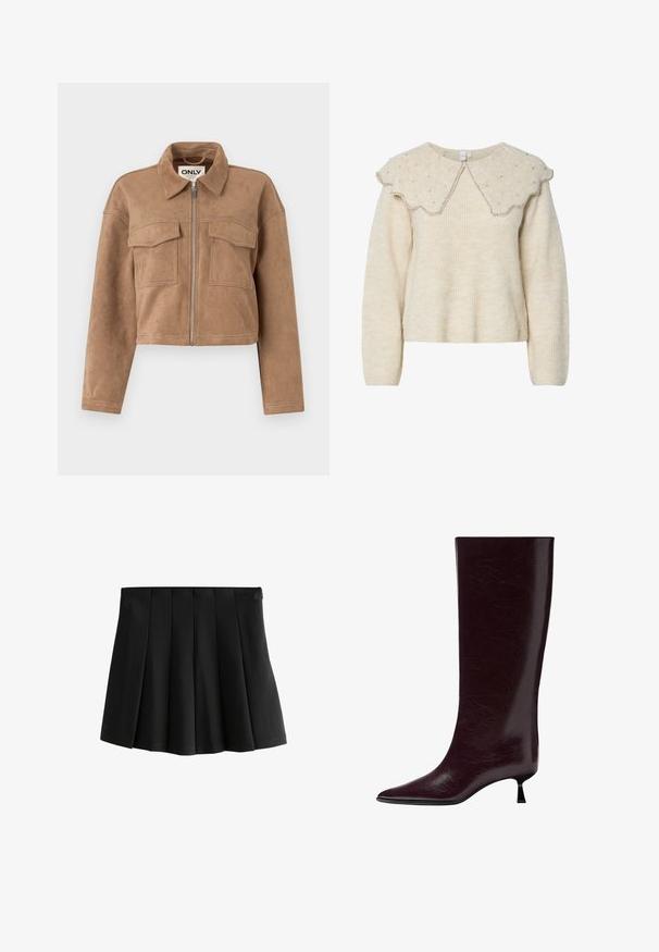 Braune, kurze Jacke aus weichem Wildleder mit langen Ärmeln, einem Reißverschluss und zwei Brusttaschen. Verfügt über sichtbare Steppnähte.; Cremfarbener Pullover mit gewelltem Kragen und silbernen Perlenakzenten. Hergestellt aus strukturiertem, weichem Stoff. Verfügt über lange Ärmel und eine lockere Passform.; Schwarzer, plissierter Minirock mit einem glatten Bund und strukturierten, umgekehrten Kastenfalten, isoliert auf weißem Hintergrund.; Knöchelhoher burgunderfarbener Lederstiefel mit einer eleganten, strukturierten Oberfläche, spitzem Zehenbereich und einem dünnen, gestapelten Absatz für zusätzliche Höhe.