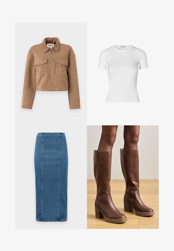 Rjava skrajšana jakna iz mehkega usnja s dolgimi rokavi, z zadrgo in dvema žepoma na prsih. Ima vidne šive.; Bela kratka majica s kratkimi rokavi iz rebrastega bombaža. Prilegajoč dizajn s krožnim izrezom in gladko teksturo. Brez vzorcev ali okrasnih elementov.; Modra denim svinčnik krilo z navpičnimi šivi in visokim pasom, ki pada pod koleno, prikazano na beli ozadju.; Anna Field Škornji s platformo - cognac