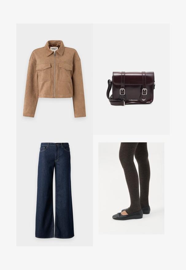 Hnedá skrátená bunda vyrobená z jemného semišu s dlhými rukávmi, zipsovým uzáverom a dvoma vreckami na hrudi. Obsahuje viditeľné prešívanie.; Biela krátka tričko s krátkym rukávom vyrobené z rebrovanej bavlny. Priliehavý strih s okrúhlym výstrihom a hladkou textúrou. Bez vzorov alebo ozdôb.; Džínsy s širokými nohavicami v tmavomodrom denime. Obsahujú kontrastné prešívanie, päť vreciek a gombíkový zips v oblasti pása. Hladká textúra.; Čierne ploché topánky s malou mašľou na špičke, v kombinácii s tmavohnedými rebrovanými pančuchami. Topánky majú hladký povrch a nízky profil.; Krikvová lakovaná kožená crossbody taška s obdĺžnikovým tvarom, dvoma popruhmi, striebornými doplnkami a prednou klapkou.