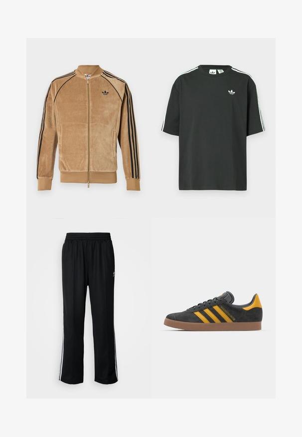 Zīda zamšādas jakas ar rāvējslēdzēju gaismas brūnā krāsā, ar melnām sānu svītrām, ribotām aprocēm un izšūtu logo uz kreisā krūtīm.; Melna kokvilnas T-krekls ar īsām piedurknēm, apaļu kakla izgriezumu un baltām trim svītrām uz pleciem. Uz krūtīm neliels balts logo.; Melni sporta bikses ar elastīgu jostas vietu, kurām ir baltas sānu svītras un neliels logotips. Materiāls izskatās mīksts un viegls.; Melnas zamšādas kedas ar dzelteniem akcentiem, kurām ir trīs svītras un brūna gumijas zole. Iekļauta mīksta valkāšanas tongue komfortam.