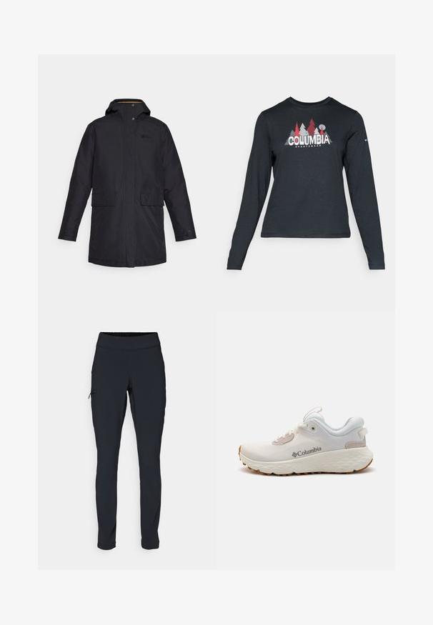 Veste noire imperméable avec capuche, boutons-pression, deux poches avant et un design minimaliste. Présente un petit logo sur la poitrine.; Chemise à manches longues gris foncé avec un motif d'arbres rouges et de montagnes ; logo "COLUMBIA" en lettres blanches en gras. Tissu doux, col rond standard.; Pantalons de sport noirs à coupe ajustée, avec une taille élastique et une poche latérale zippée. Tissu lisse et extensible avec des coutures minimales.; Chaussure de sport Columbia légère en mesh blanc avec une semelle texturée grise et une traction en caoutchouc. Dotée d'un collier rembourré et d'un design à lacets.