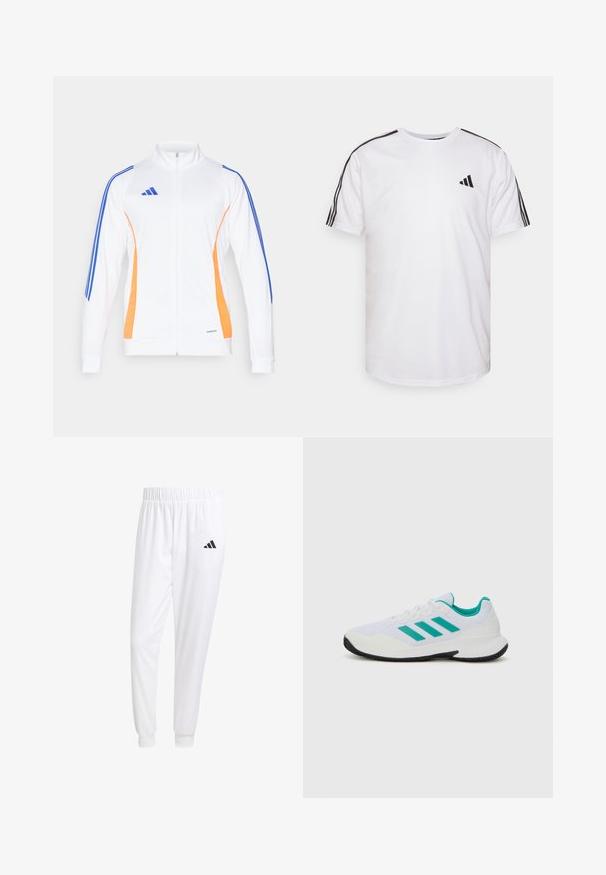 Witte zip-up jack met oranje en blauwe zijstrepen, een hoge kraag en geribde manchetten. Gemaakt van soepele, lichte stof.; Witte T-shirt van katoen met ronde hals, korte mouwen en zwarte drie-strepen accenten op de schouders; bevat een klein zwart logo.; Witte sportbroek van gladde stof, met een elastische tailleband en smalle taillebanden, voorzien van een zwart logo op de achterzak.; Witte sport schoen met turquoise accenten, bovenwerk van mesh, drie parallelle strepen aan de zijkant, gestructureerde hak en een zwarte rubberen zool.